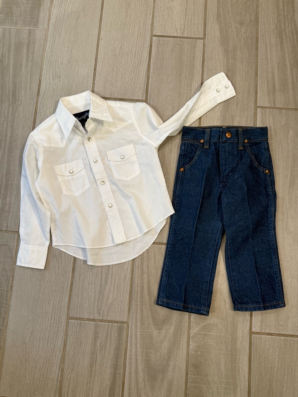 Wrangler Boys Dark Blue Denim Jeans and white wrangler shirt. Set